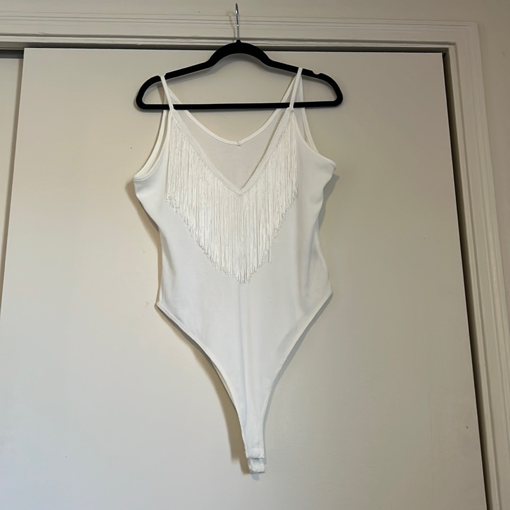 MOVING SALE fringe white body suit